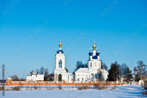 Winter landscape with the Holy Dormition Monastery (nunnery) founded in the 17th century/ village Dunilovo/ Ivanovo region/ Russia. Golden Ring of Russia Travel