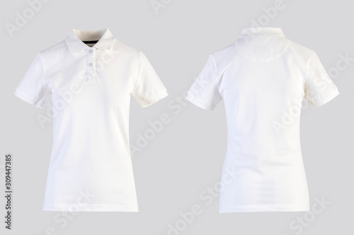 White womens blank polo shirt, front and back view isolated on white on invisible mannequin