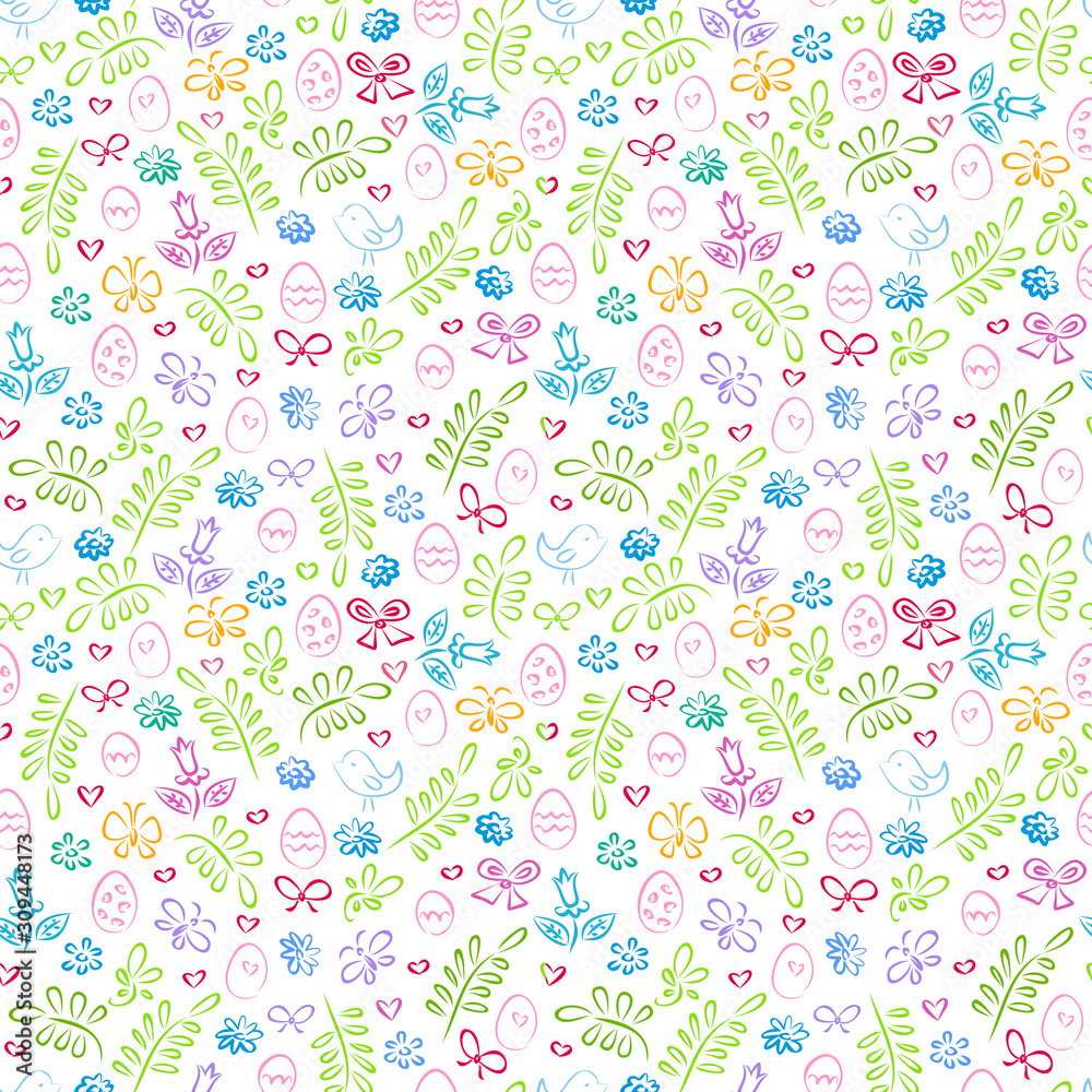 Easter eggs, leaves, chicks and flowers.  Hand draw seamless pattern.  Texture for fabric, wrapping, wallpaper. Decorative print.