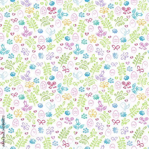 Easter eggs, leaves, chicks and flowers. Hand draw seamless pattern. Texture for fabric, wrapping, wallpaper. Decorative print.