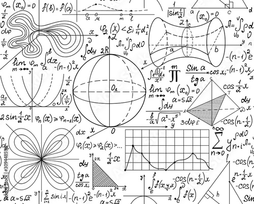 Scientific math vector seamless background with handwritten mathematical and physical formulas, plots and figures
