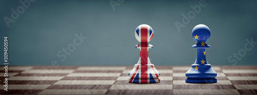 Brexit concept. United Kingdom and European Union flags on chess pawns.