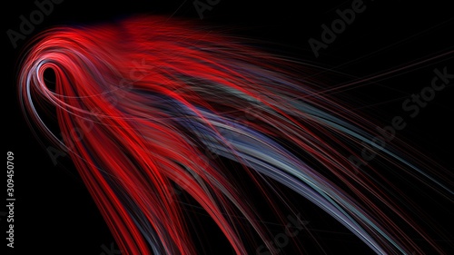 Abstract art of red, purple and blue rounded feathers