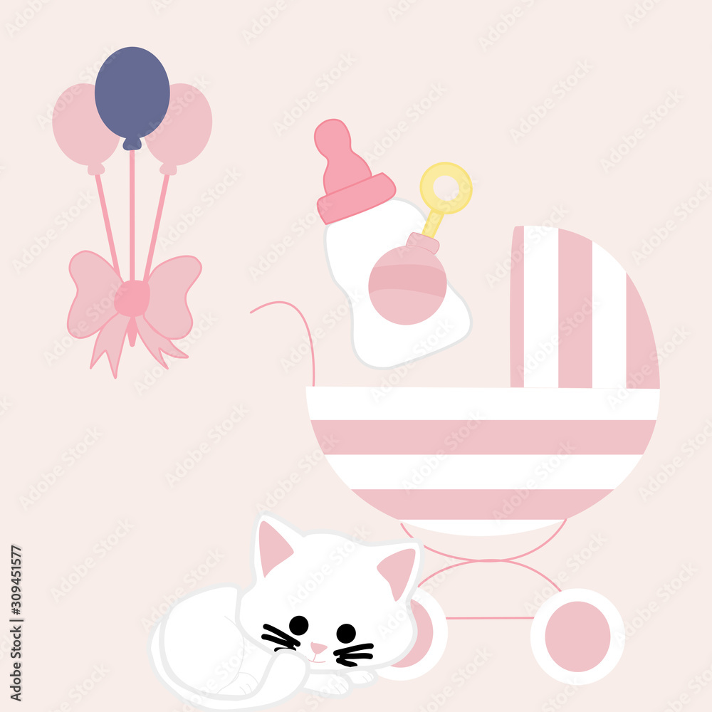 white kitten, and baby girl elements, vector illustration white kitten, and baby girl elements, vector illustration