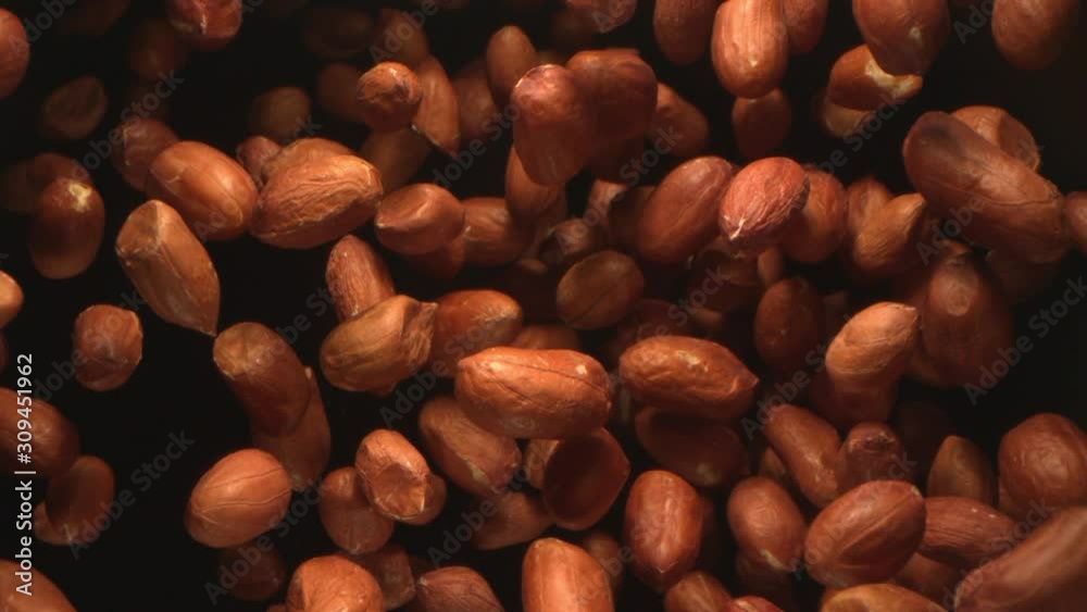 Peanuts Nuts Flying in the Air in a Free Fall in Slow Motion on Black Background at 1500 fps