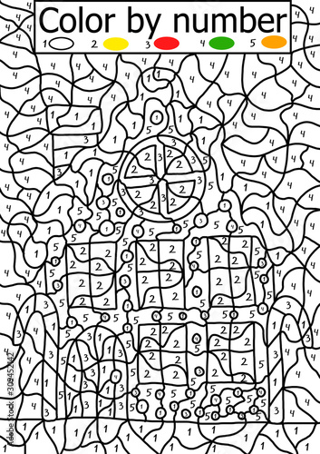 Color by number puzzle for kids. Gingerbread house with icing sugar roof and caramel canes coloring page illustration for children. Christmas holidays printable work sheet. One of a series.
