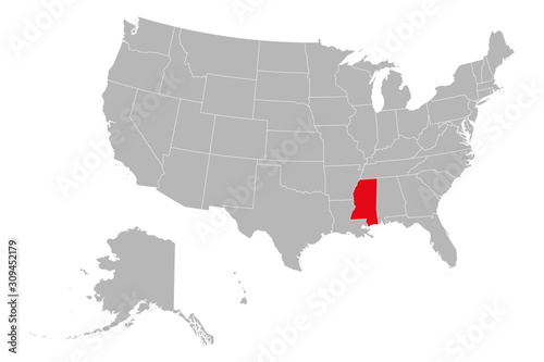 USA country map highlighting mississippi state vector. Gray background. United states political map.