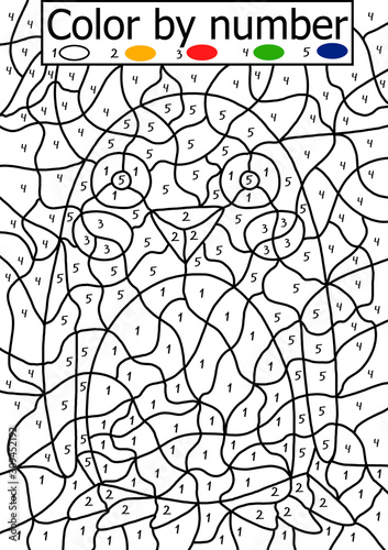 Color by number puzzle for kids. Cute Antarctica penguin coloring page illustration for children. Winter holidays simple riddle game. One of a series.