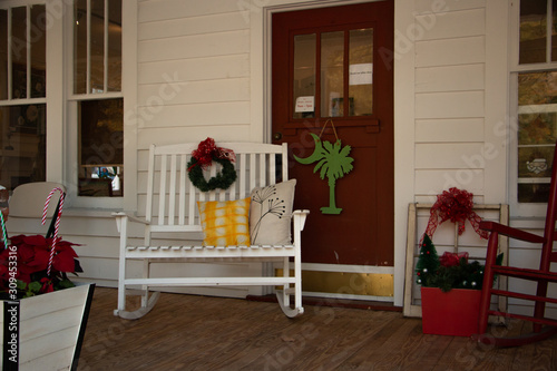 Bench on front porch yellow