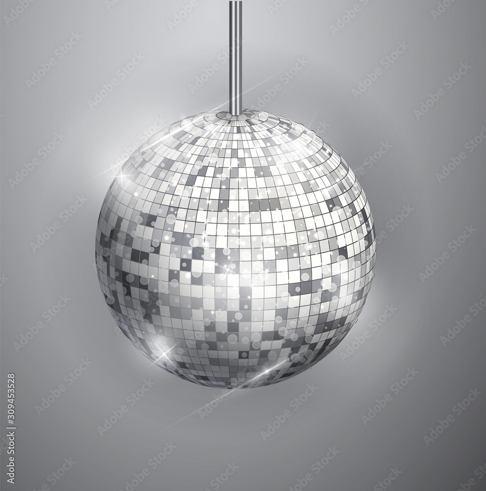 Fototapeta premium Disco ball isolated on grayscale background. Night Club party light element. Bright mirror silver ball design for disco dance club. 