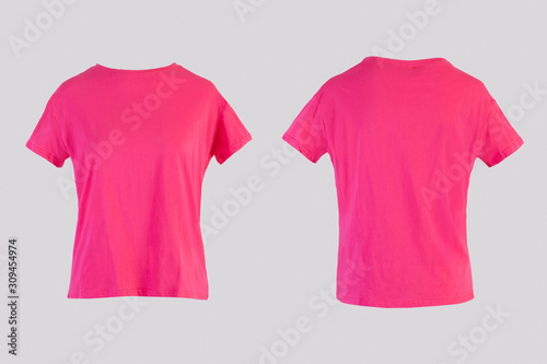 Blank pink female t-shirt Isolated on white background front and back rear view on invisible mannequin