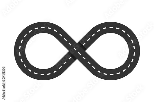 Infinity road loop icon. Infinity symbol. Figure 8 Traffic Loop. Race track sign or logo. Highway intersection or interchange. Eternal shape. Asphalt road. Transportation concept. Vector illustration