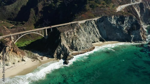 Aerial still shot of Bixby Creek Bridge in Big Sur, California, Pacific Ocean