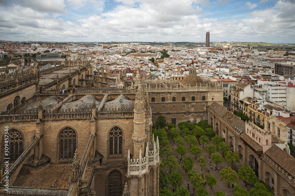 View to Seville cathedral and the city from Giralda bellfry, Spain