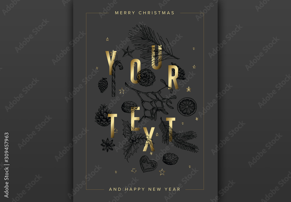 Christmas Card Layout with Gold Letters and Illustrated Elements Stock ...