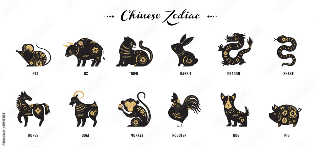 Chinese new year, zodiac signs, papercut icons and symbols. Vector illustrations - obrazy, fototapety, plakaty 