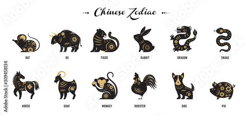 Chinese new year, zodiac signs, papercut icons and symbols. Vector illustrations