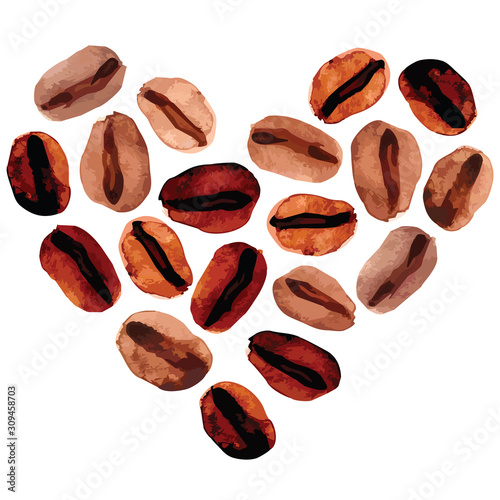 Watercolor vector illustration of brown coffee beans shaped in heart pattern set