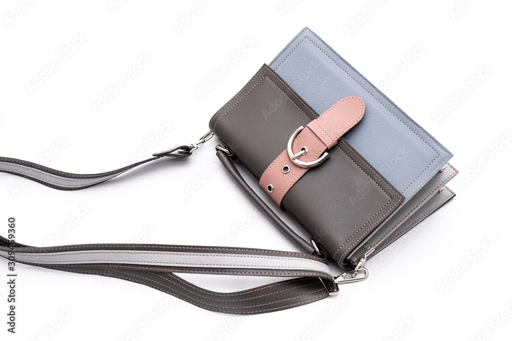 Luxury fashion women leather blue and grey handbag isolated on a white background. Luxury fashion women leather blue and grey handbag isolated on a white background.