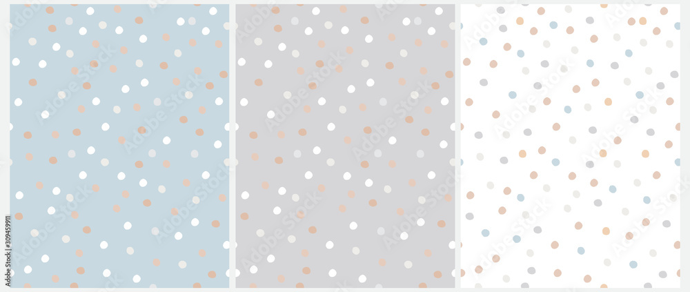 Simple Hand Drawn Irregular Dots Vector Patterns. Blue, Brown, White and Beige Dots on a Gray, Blue and White Background. Infantile Style Abstract Dotted Vector Print Ideal for Fabric, Textile, Cover. - obrazy, fototapety, plakaty 