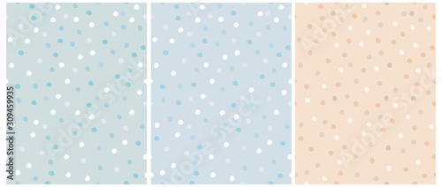 Simple Hand Drawn Irregular Dots Vector Patterns. Blue, Brown, White and Beige Dots on a Green, Blue and Light Cream Background. Infantile Style Abstract Dotted Print Ideal for Fabric, Textile, Cover.