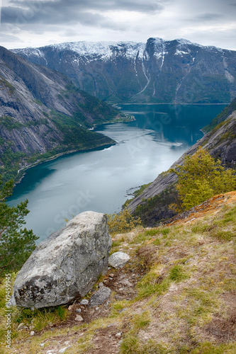 view from the top to the fjord simadals in norway in gloomy weather photo