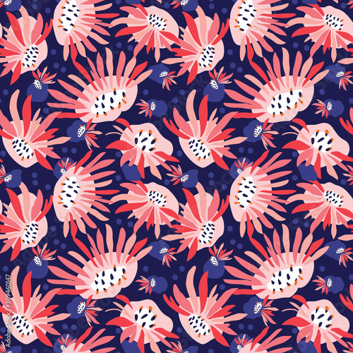 Hand Painted Bold Summer Bloom Floral Motif Seamless Pattern. Classic Blue Pink Flower Petal Background. Modern Bright Cut Out Collage Style Textile. Exotic Tropic All Over Print Vector Eps 10 Tile. 