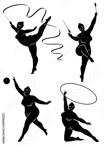 Collection. Gymnastics Silhouette of a girl with a hoop, ribbon, ball, clubs. The woman is overweight, a large body. The girl is a full figure. Set of vector illustrations.