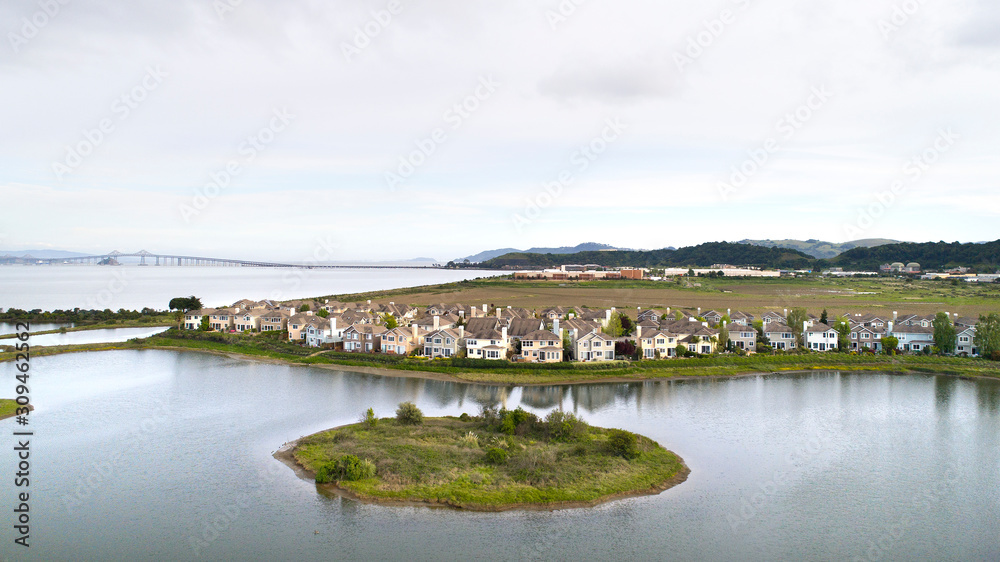 Aerial, San Rafael, Northern California, Richmond Bridge, water, landscape, city, 