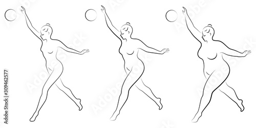Collection. Silhouette of a cute lady, she is engaged in rhythmic gymnastics with a ball. The woman is overweight and a slender girl athlete. Vector illustration set.