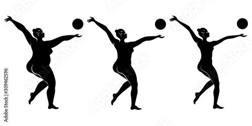 Collection. Silhouette of a cute lady, she is engaged in rhythmic gymnastics with a ball. The woman is overweight and a slender girl athlete. Vector illustration set.