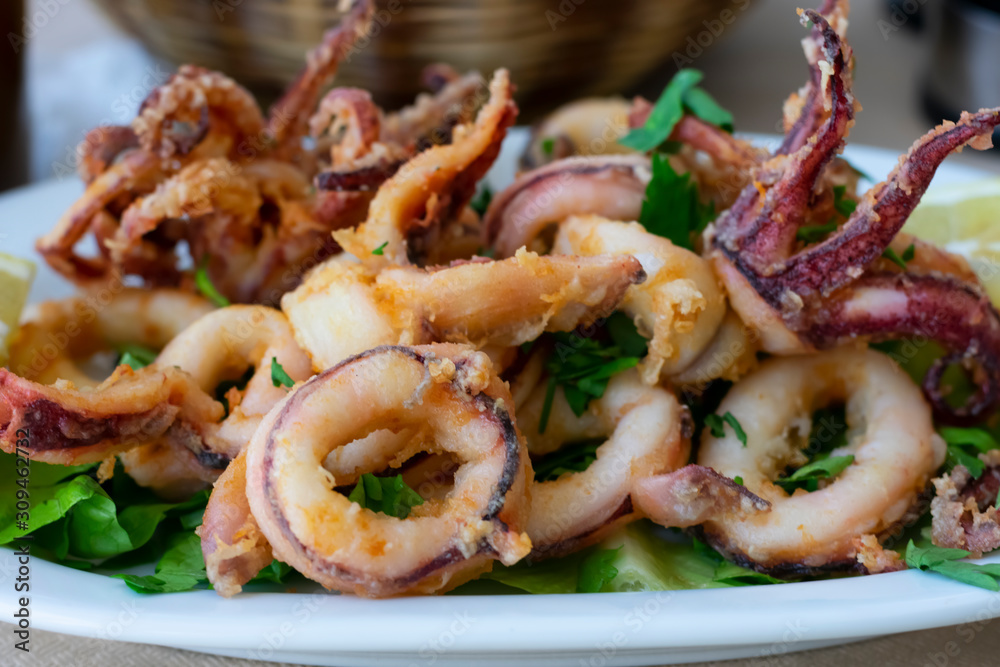 Freshly fried crunchy shrimps, octopuses, calamari, mussels decorated by lemon slices and parsley. Delicious fresh prepared seafood Freshly fried crunchy shrimps, octopuses, calamari, mussels decorated by lemon slices and parsley. Delicious fresh prepared seafood