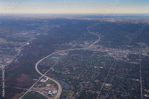 Aerial view North Chicago Tri State Tollway with Desplaines River and Sportsmans Country Club photo