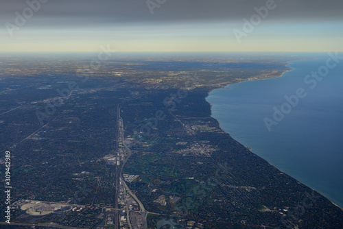 Aerial view of Lake Michigan North Chicago Skokie Highway from Northbrook Court and Sunset Valley Golf Club photo