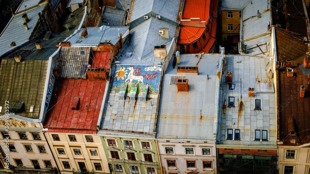 aerial view of the city an roofs