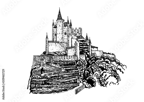 Graphical hand-drawn  sketch of medieval  Alcazar  castle isolated on white background,Spain,vector illustration