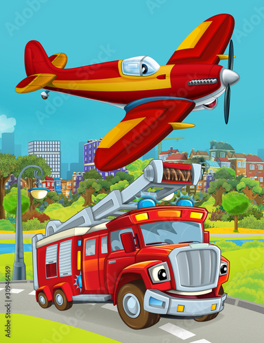 cartoon scene with fireman vehicle on the road driving through the city and plane flying over - illustration for children