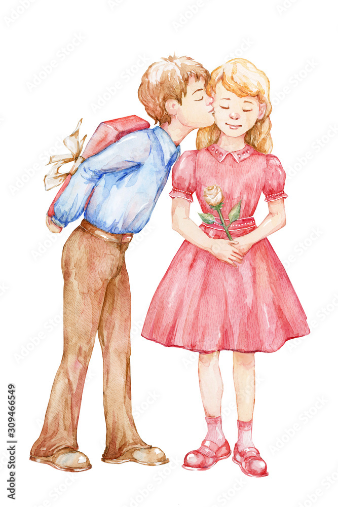 Little boy kisses girl - watercolor cartoon  illustration, romantic card for Valentines day