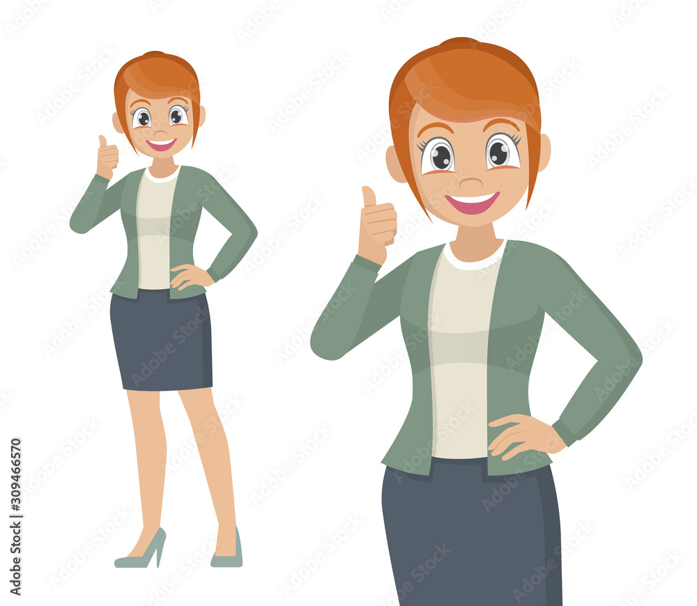 Businesswoman showing thumbs up sign.