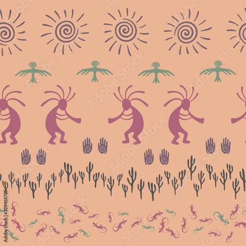 design with trickster god, swirl icons on human palm, sun, eagle.