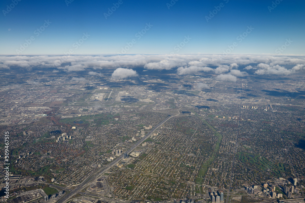 Toronto Aerial with intersection of highway 427 and 401 and Islington Golf Club and Pearson International Airport