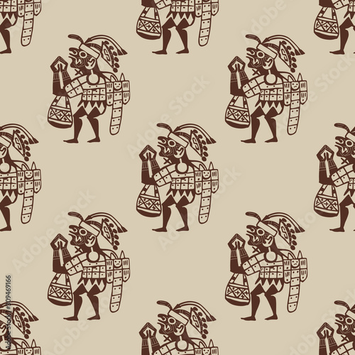 Seamless geometrical monochrome pattern with silhouettes of ancient Peruvian Moche men. Native American tribal motif of Mochica Indians.