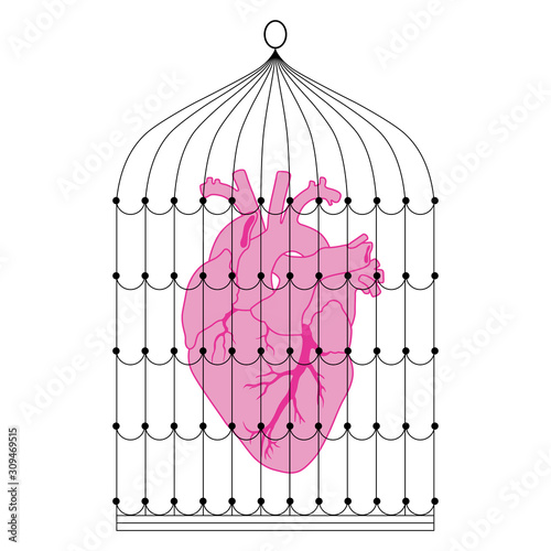 Isolated vector illustration. Human heart in bird's cage. Abstract concept. Metaphor for addictive relationship.