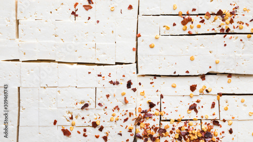 Close-up of sliced tofu with seasoning
