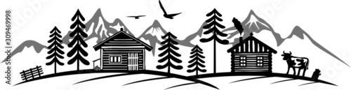 Hut in Forest and Mountains