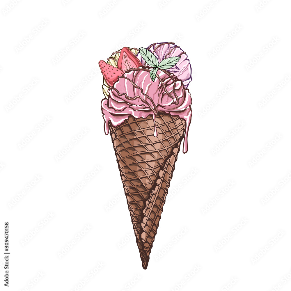 Cone cup Ice cream with vanilla, strawberry and mint. Sweet dessert. Isolated white background. Vector illustration. Cone cup Ice cream with vanilla, strawberry and mint. Sweet dessert. Isolated white background. Vector illustration.