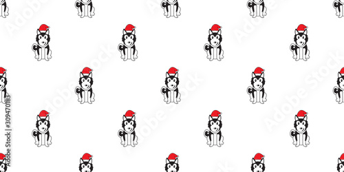 Cartoon siberian husky dog with santa claus christmas hat seamless pattern background for design.
