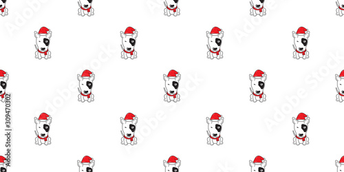 Cartoon bull terrier dog with santa claus christmas hat seamless pattern background for design.