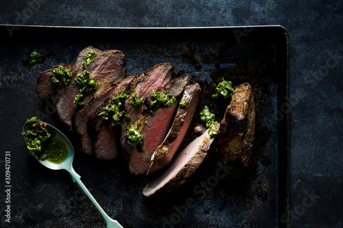 Roast beef with herb chimichurri sauce