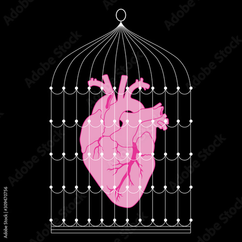 Isolated vector illustration. Human heart in bird's cage. Abstract concept. Metaphor for addictive relationship.	
